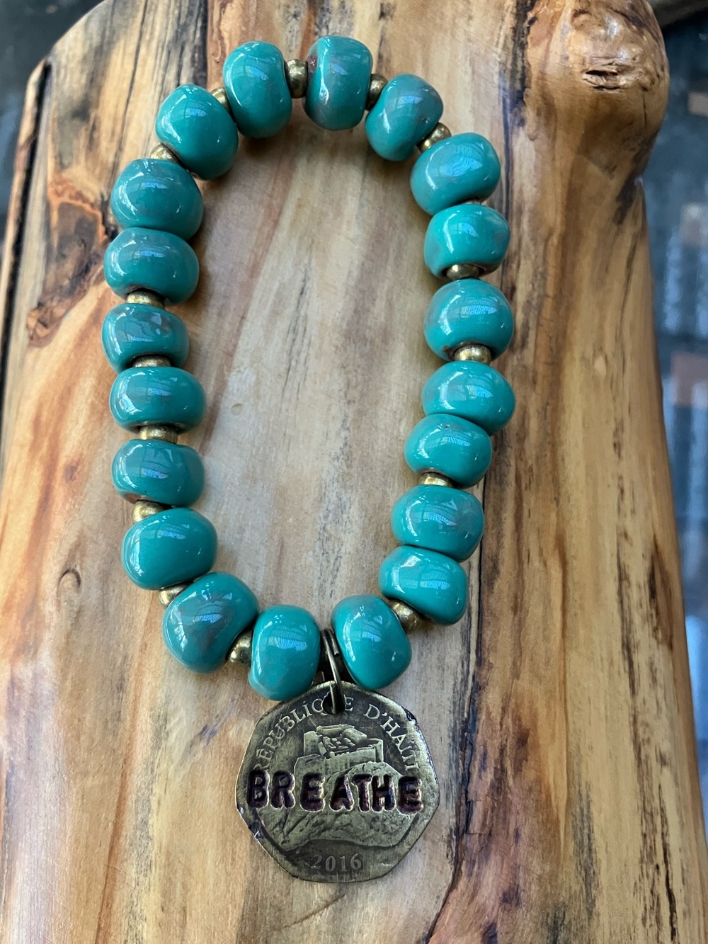 Real Haiti Haitian Coin Handcrafted Ceramic Beads Stretch Bracelet Breath
